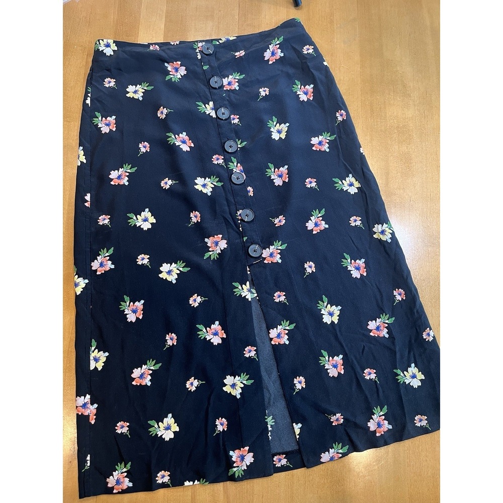 90s Vtg Women's 100% Silk Intermix Skirt Black  Floral Pattern Buttons Size 8